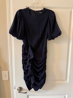 Express Navy Puff-Sleeve Ruched Midi Dress NWT